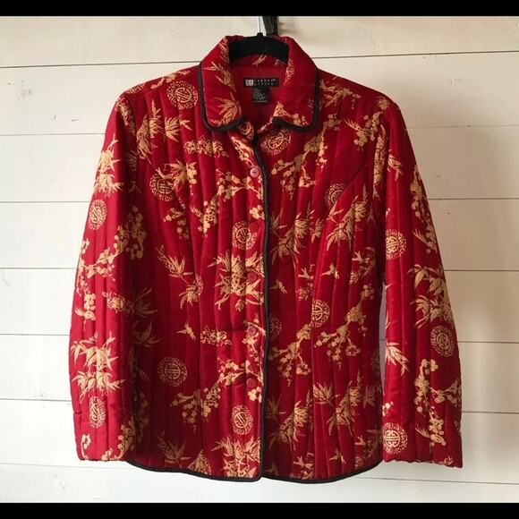 Carole Little S Asian Motif Red Silk Quilted Lightweight Button-Front Jacket - Picture 4 of 9